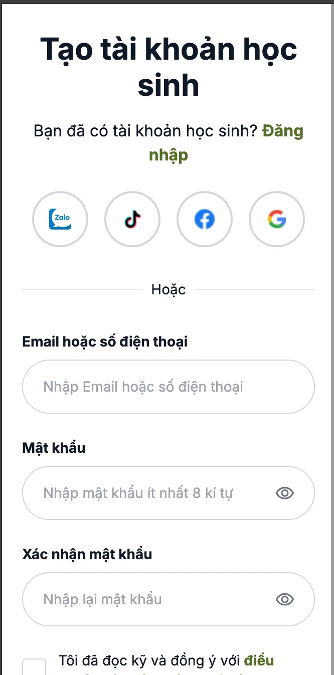 Màn hình tạo tài khoản học sinh