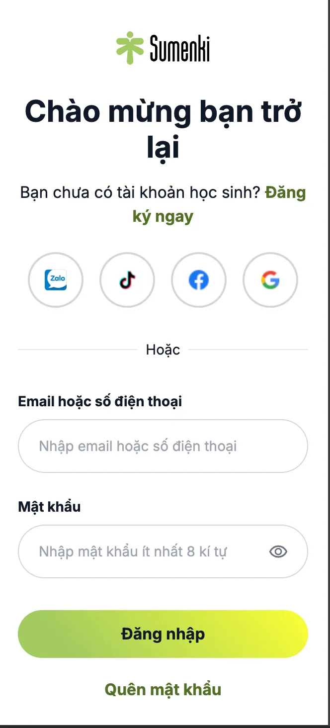 Màn hình đăng nhập tài khoản học sinh