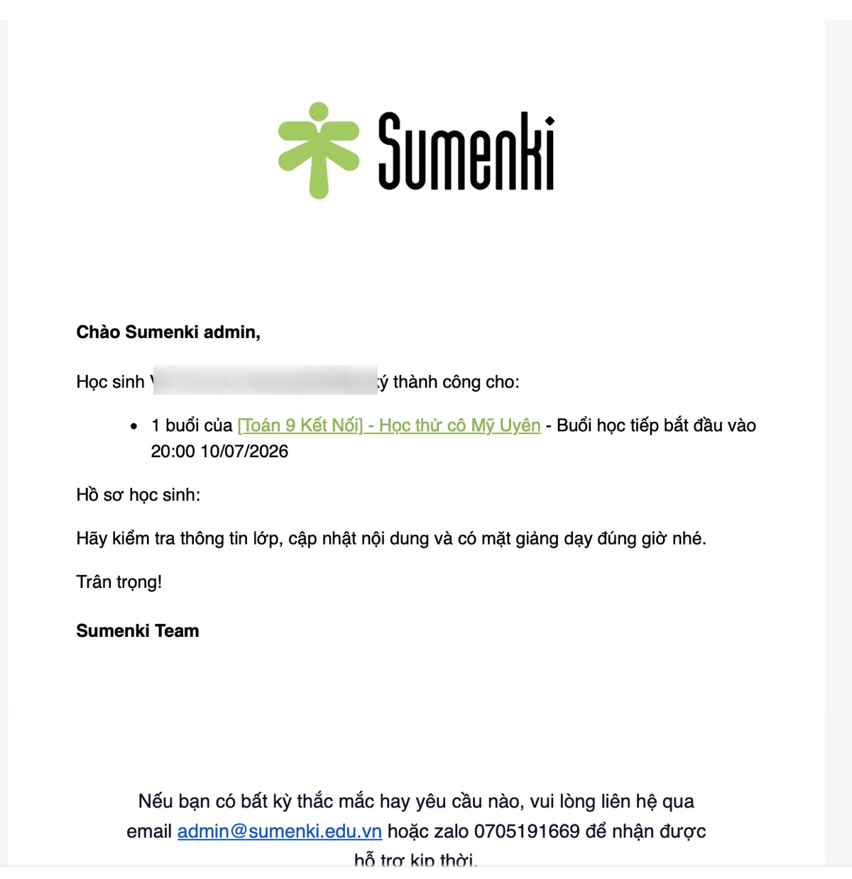 Email tự động báo có học sinh mới đăng ký