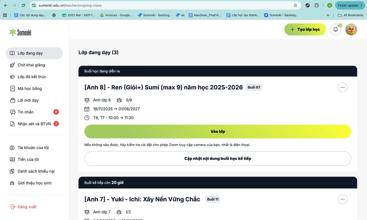 Danh sách lớp đang dạy của thầy cô