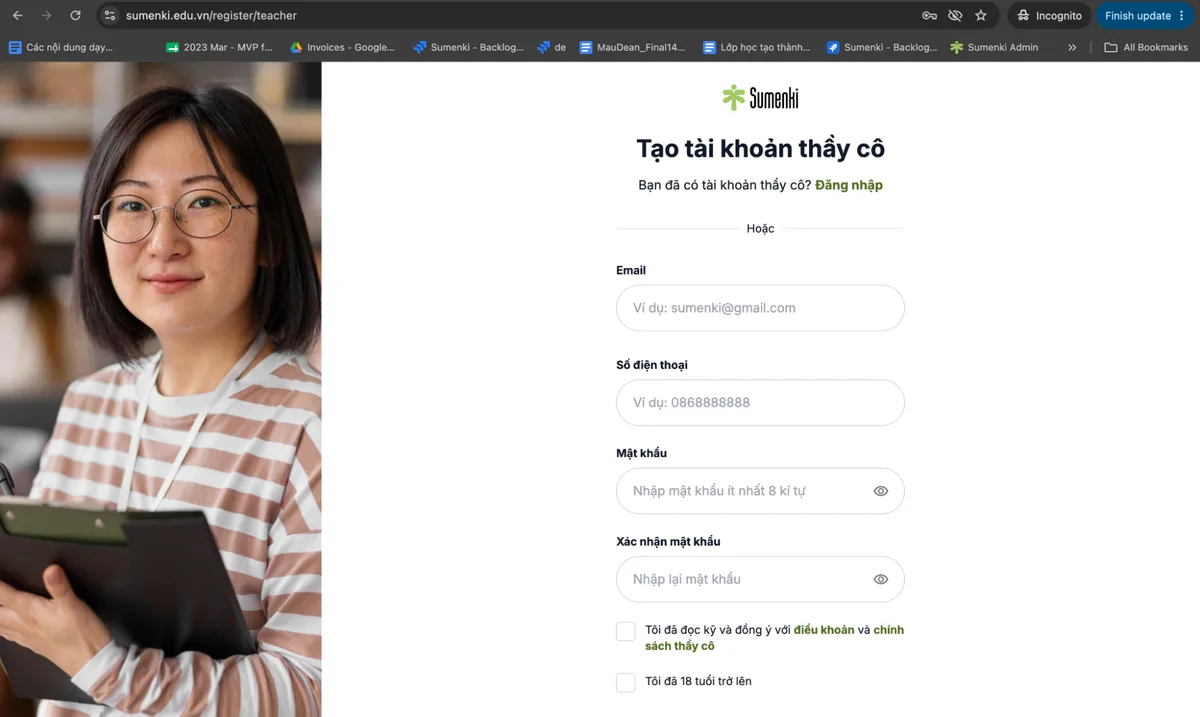 Màn hình tạo tài khoản thầy cô