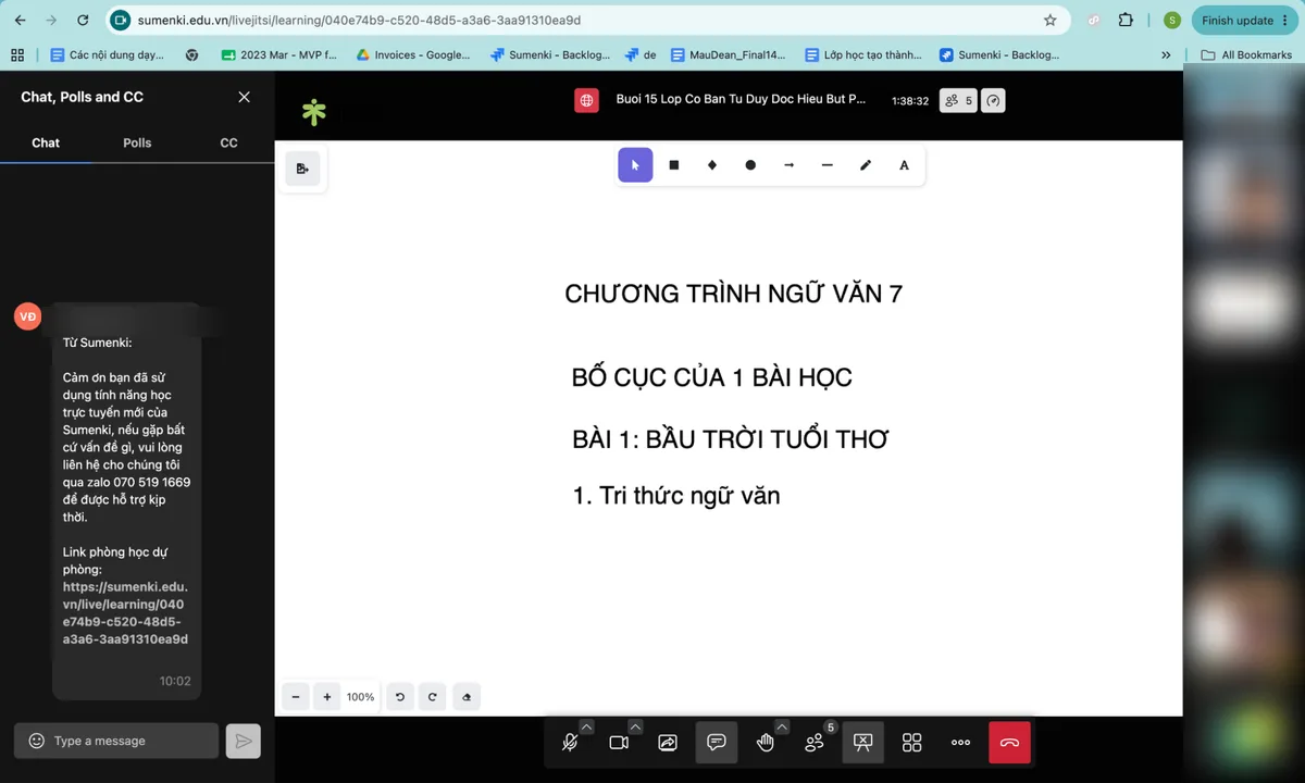 Giao diện lớp học trực tuyến trên Sumenki