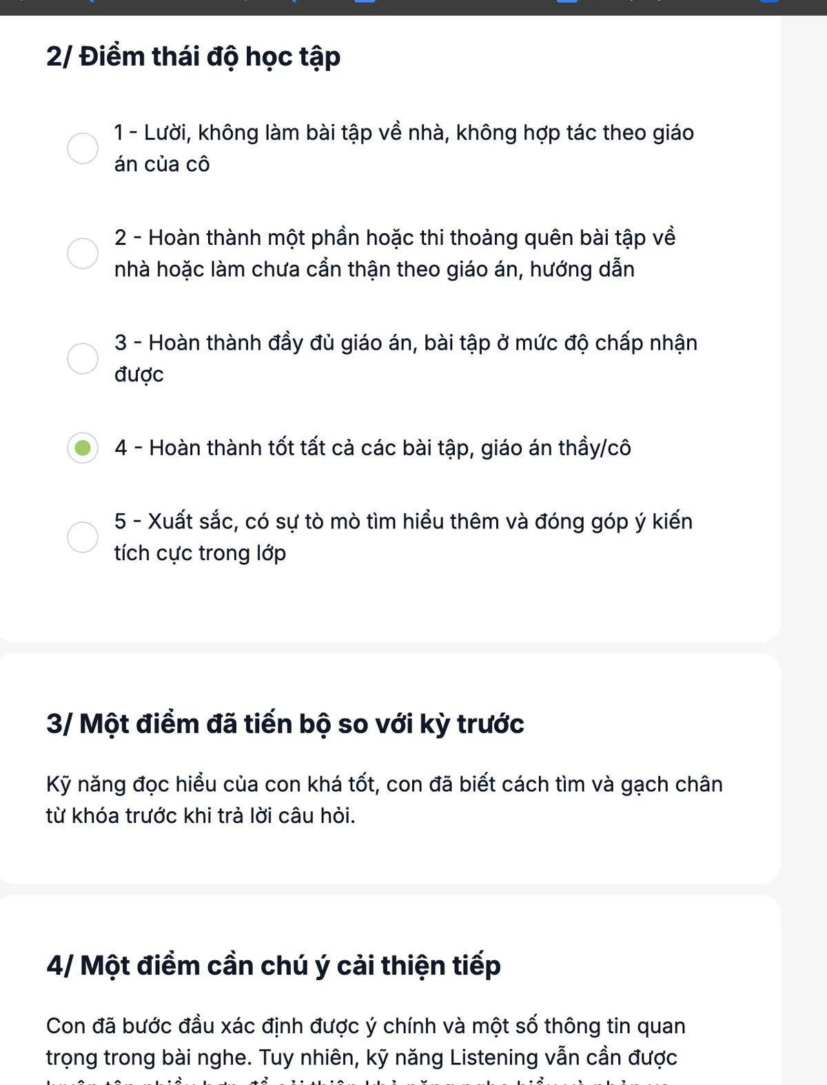 Phiếu nhận xét hàng tháng của thầy cô