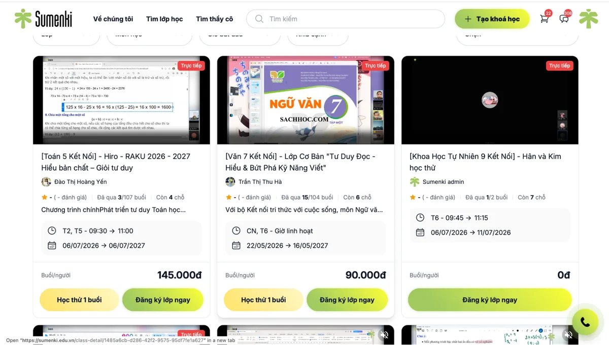 Danh sách lớp học trên nền tảng Sumenki